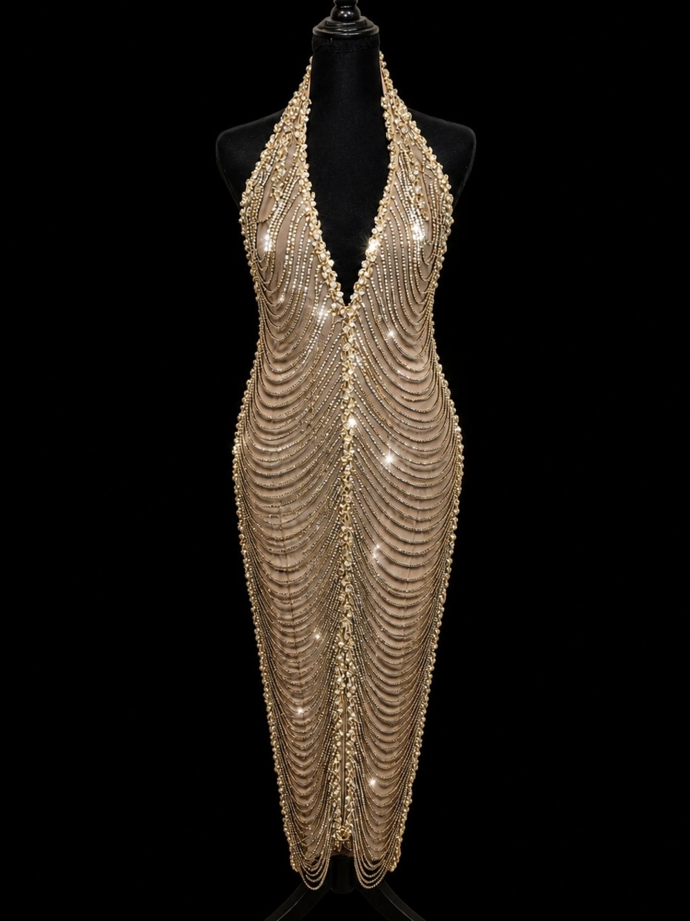 Gold Beaded Halter Evening Dress